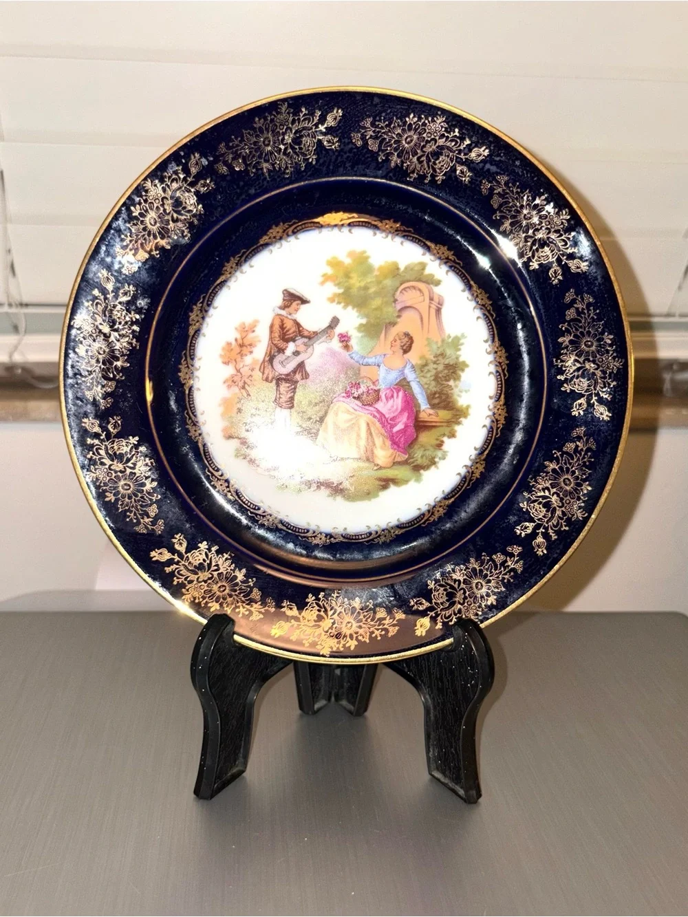 Limoges Cobalt Blue and Gold Decorative Plate with Romantic Pastoral Scene